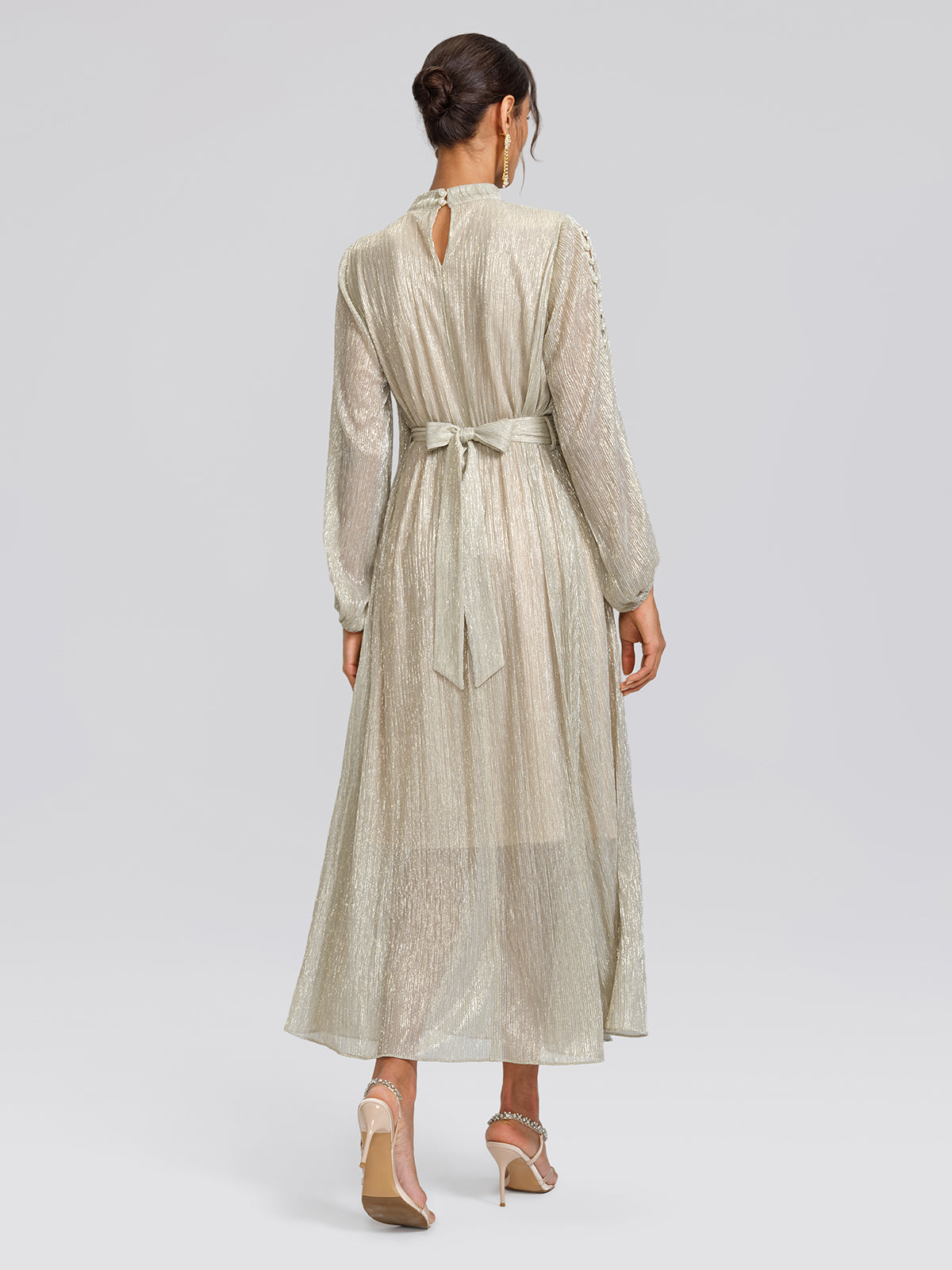 Glitter Pleated Pearl-Buttons Dress (Detachable Floral & Waist Tie Included)