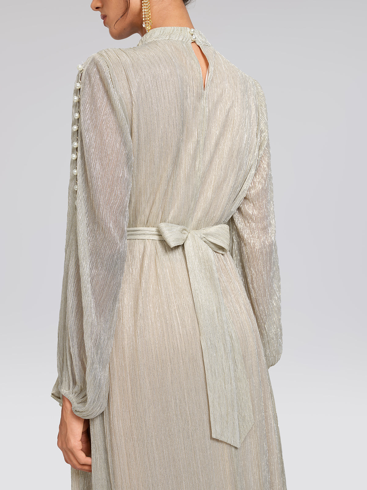 Glitter Pleated Pearl-Buttons Dress (Detachable Floral & Waist Tie Included)