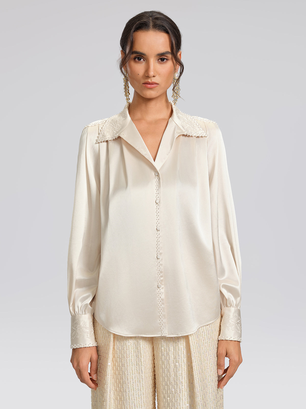 Beaded Embroidered Satin Stand-Collar Blouse