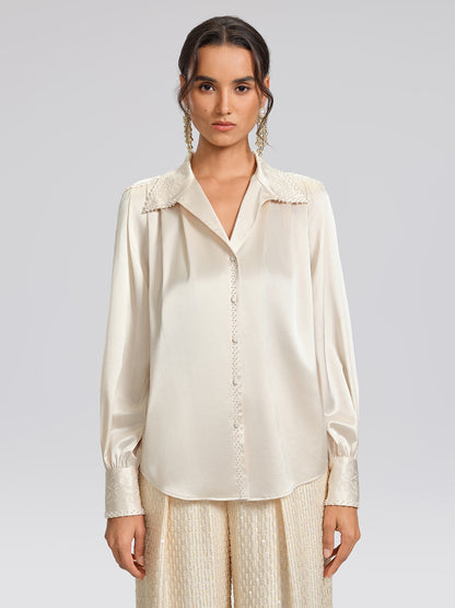Beaded Embroidered Satin Stand-Collar Blouse