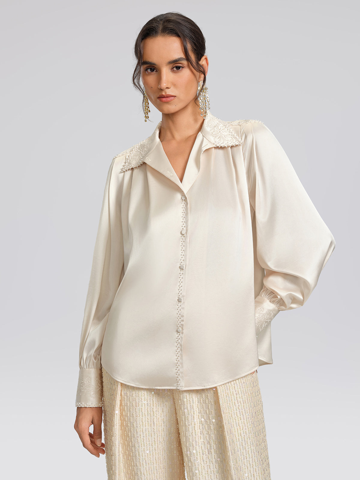Beaded Embroidered Satin Stand-Collar Blouse