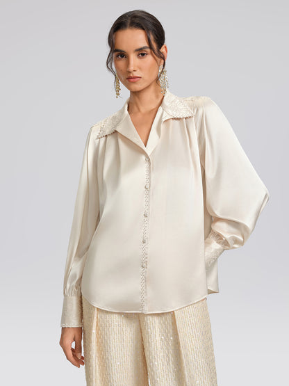 Beaded Embroidered Satin Stand-Collar Blouse