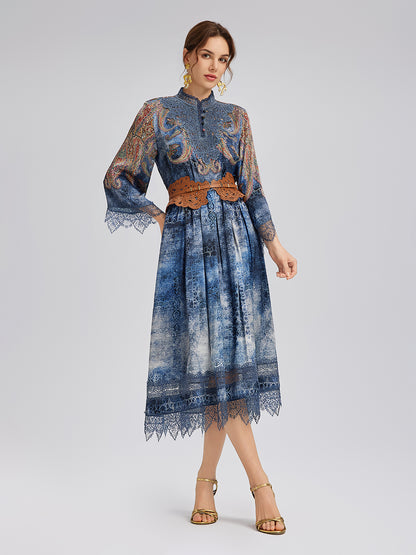 100% Silk Paisley Tie-Dye Stand Collar Blouse