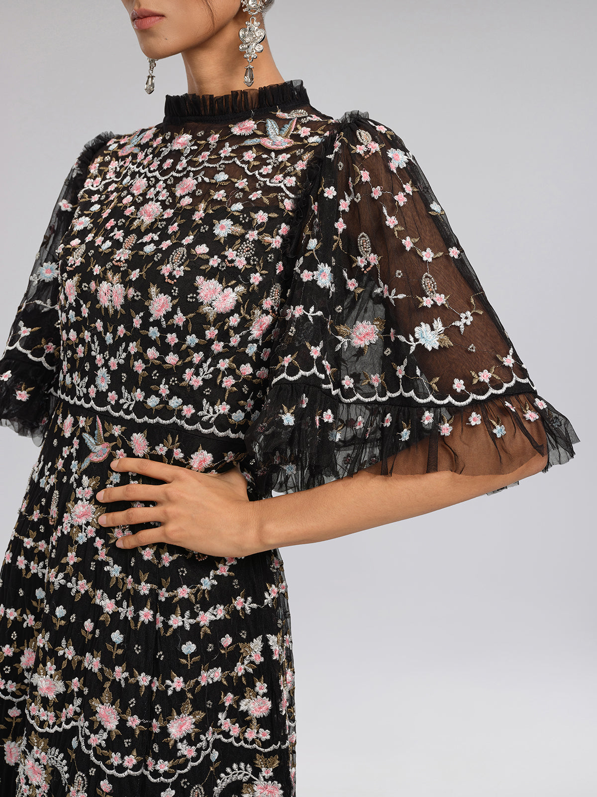 Embroidered Floral Ruffled Tulle Dress