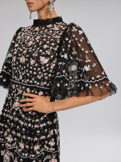 Embroidered Floral Ruffled Tulle Dress