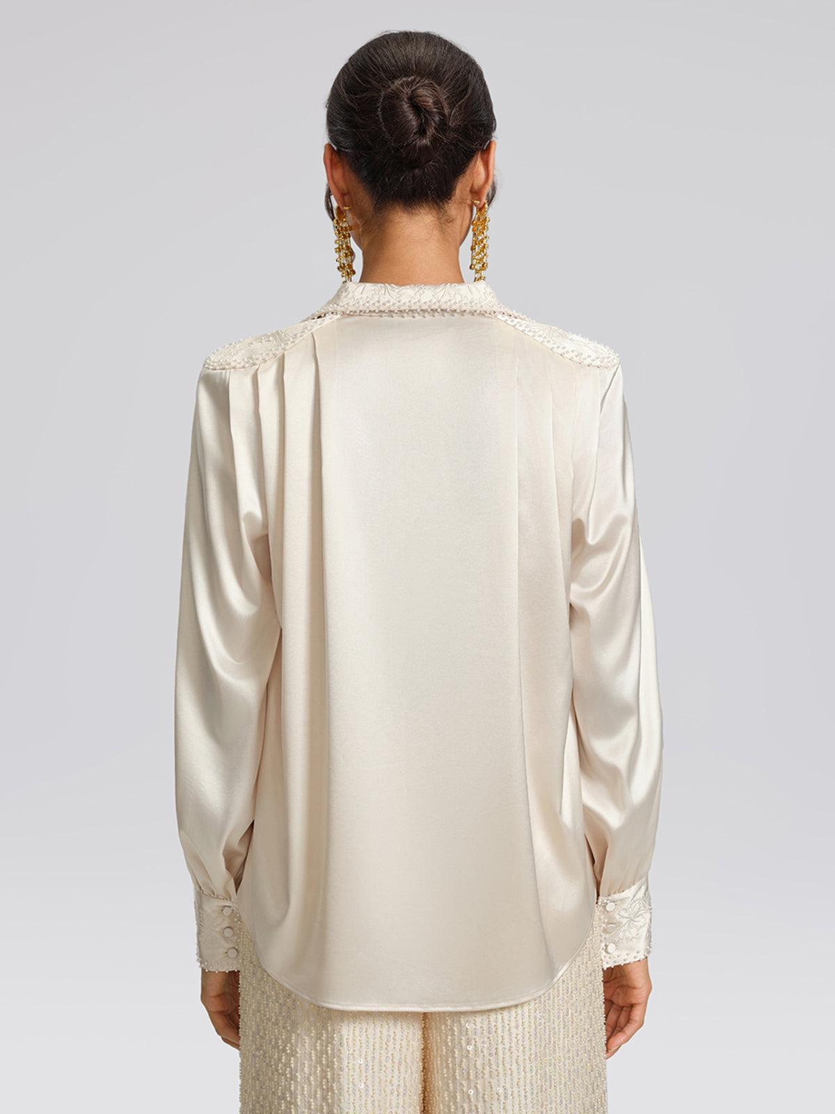 Beaded Embroidered Satin Stand-Collar Blouse