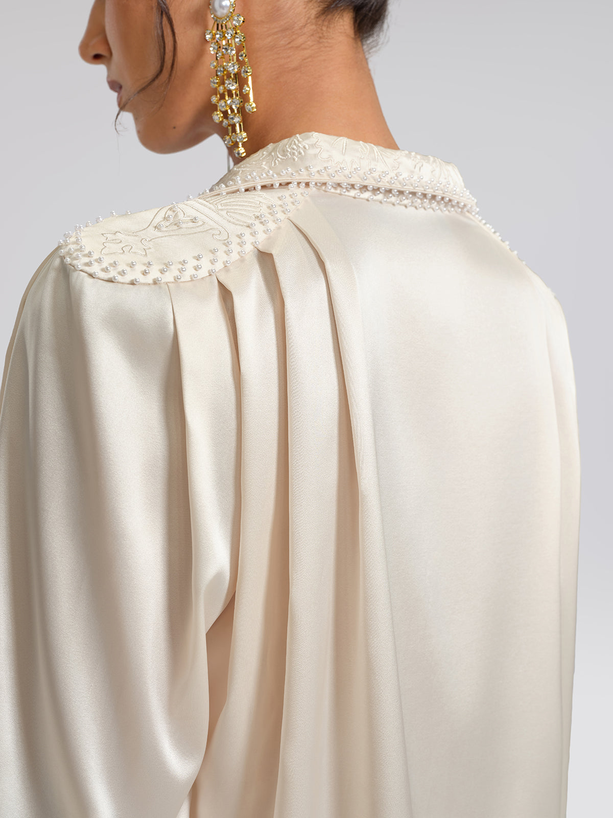 Beaded Embroidered Satin Stand-Collar Blouse