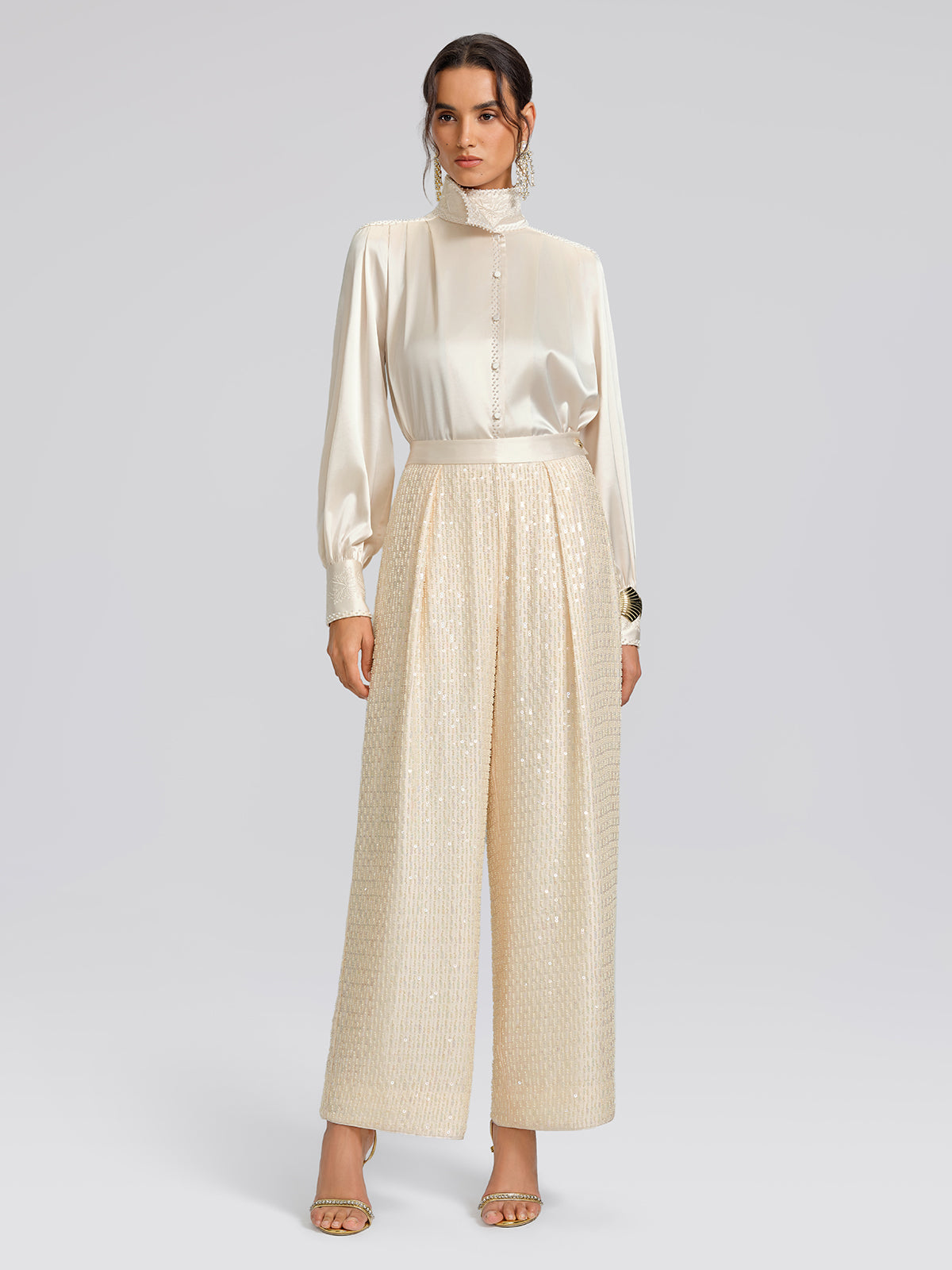 Beaded Embroidered Satin Stand-Collar Blouse