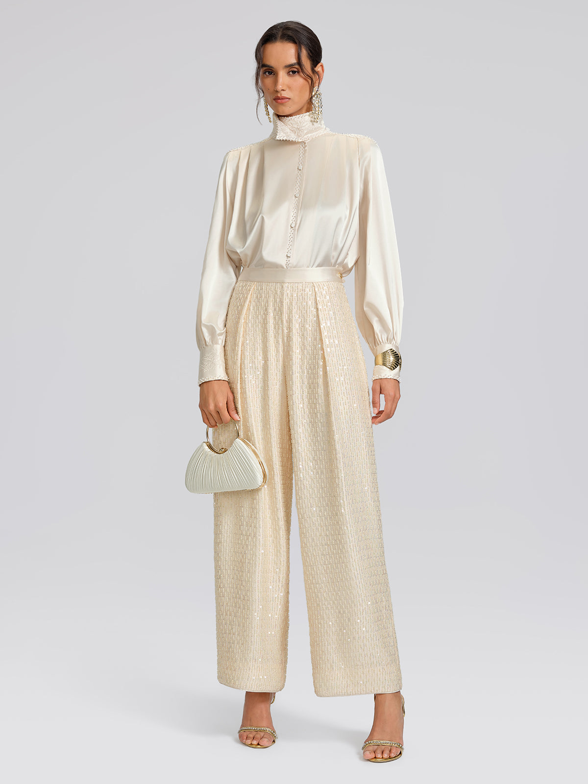 Beaded Embroidered Satin Stand-Collar Blouse