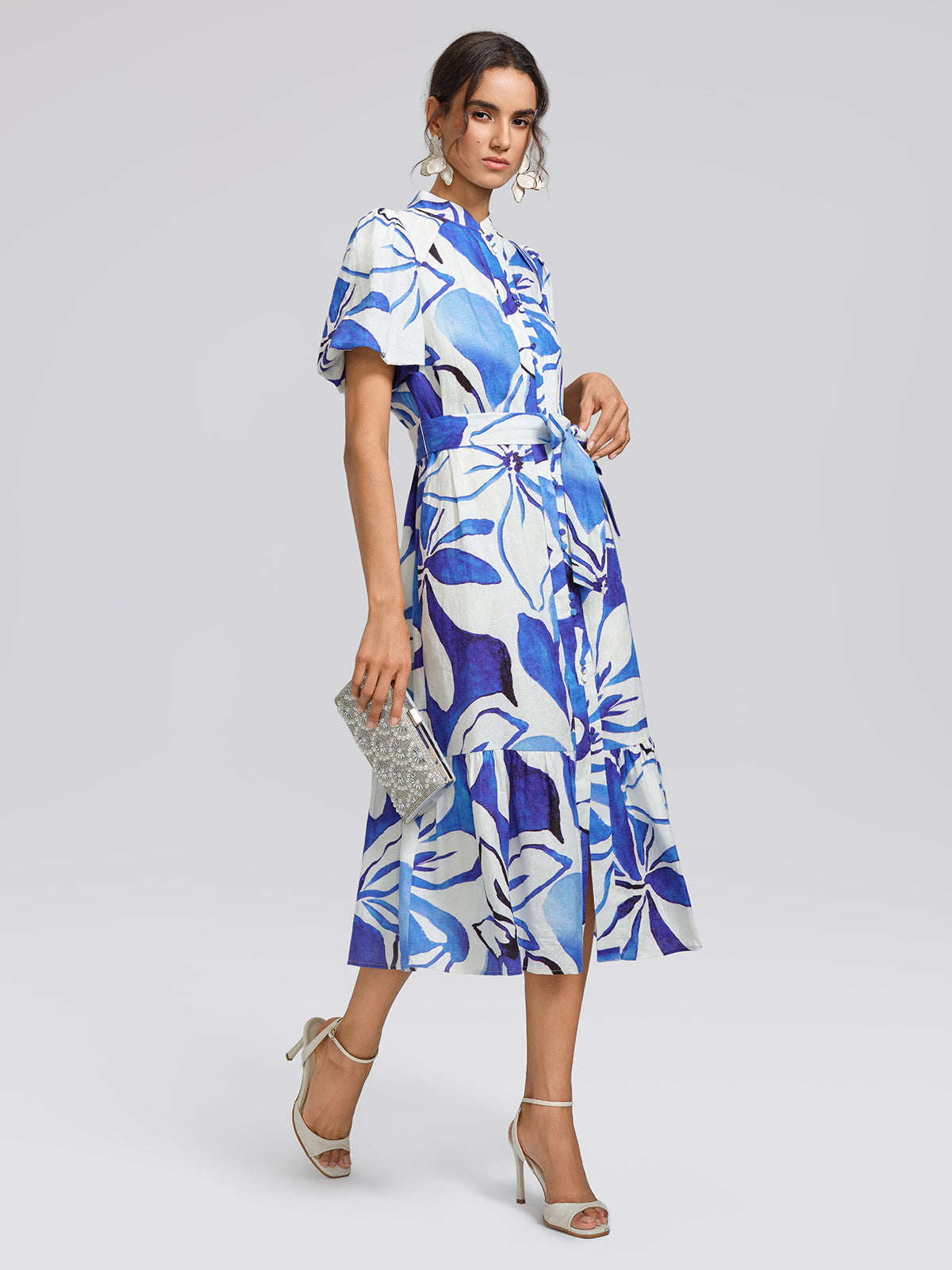 Hand-Drawn Resort Print Linen Dress (Waist Tie Included)
