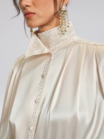 Beaded Embroidered Satin Stand-Collar Blouse