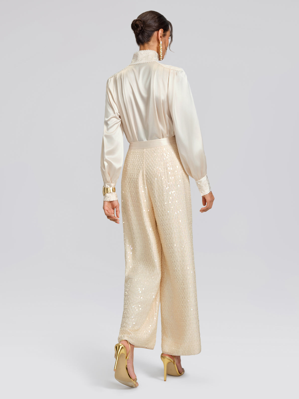 Beaded Embroidered Satin Stand-Collar Blouse