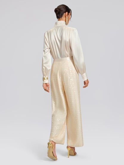 Beaded Embroidered Satin Stand-Collar Blouse