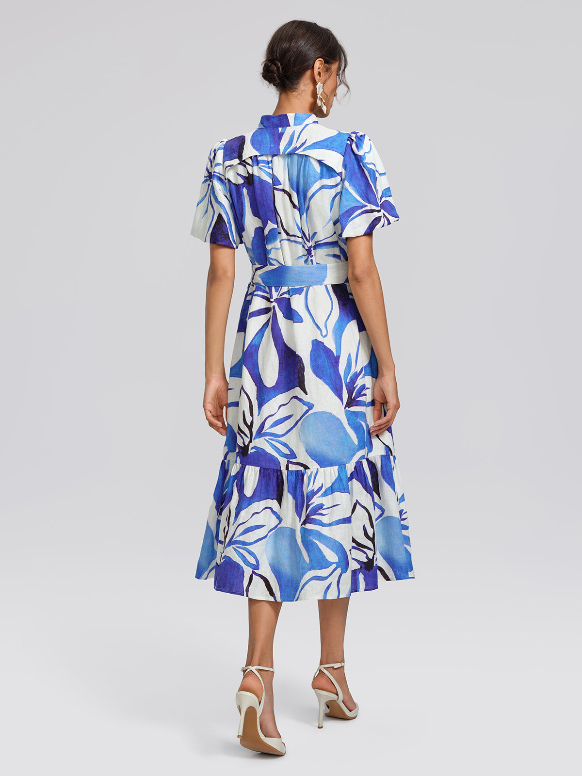 Hand-Drawn Resort Print Linen Dress (Waist Tie Included)