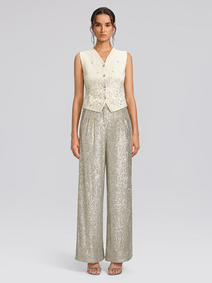 Rhinestone Fitted Pearl-Button Sleeveless Vest