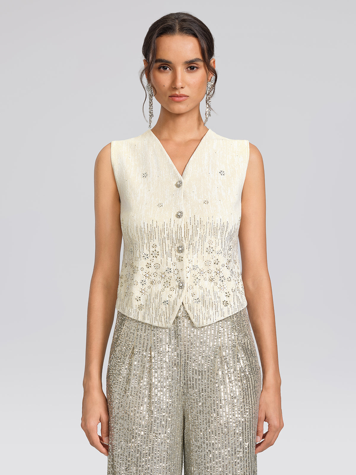 Rhinestone Fitted Pearl-Button Sleeveless Vest