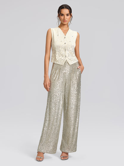Rhinestone Fitted Pearl-Button Sleeveless Vest