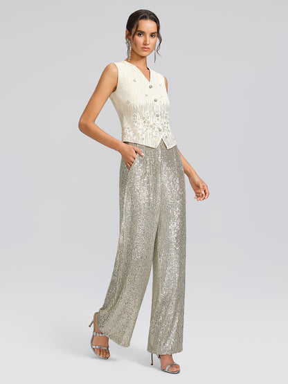 Rhinestone Fitted Pearl-Button Sleeveless Vest