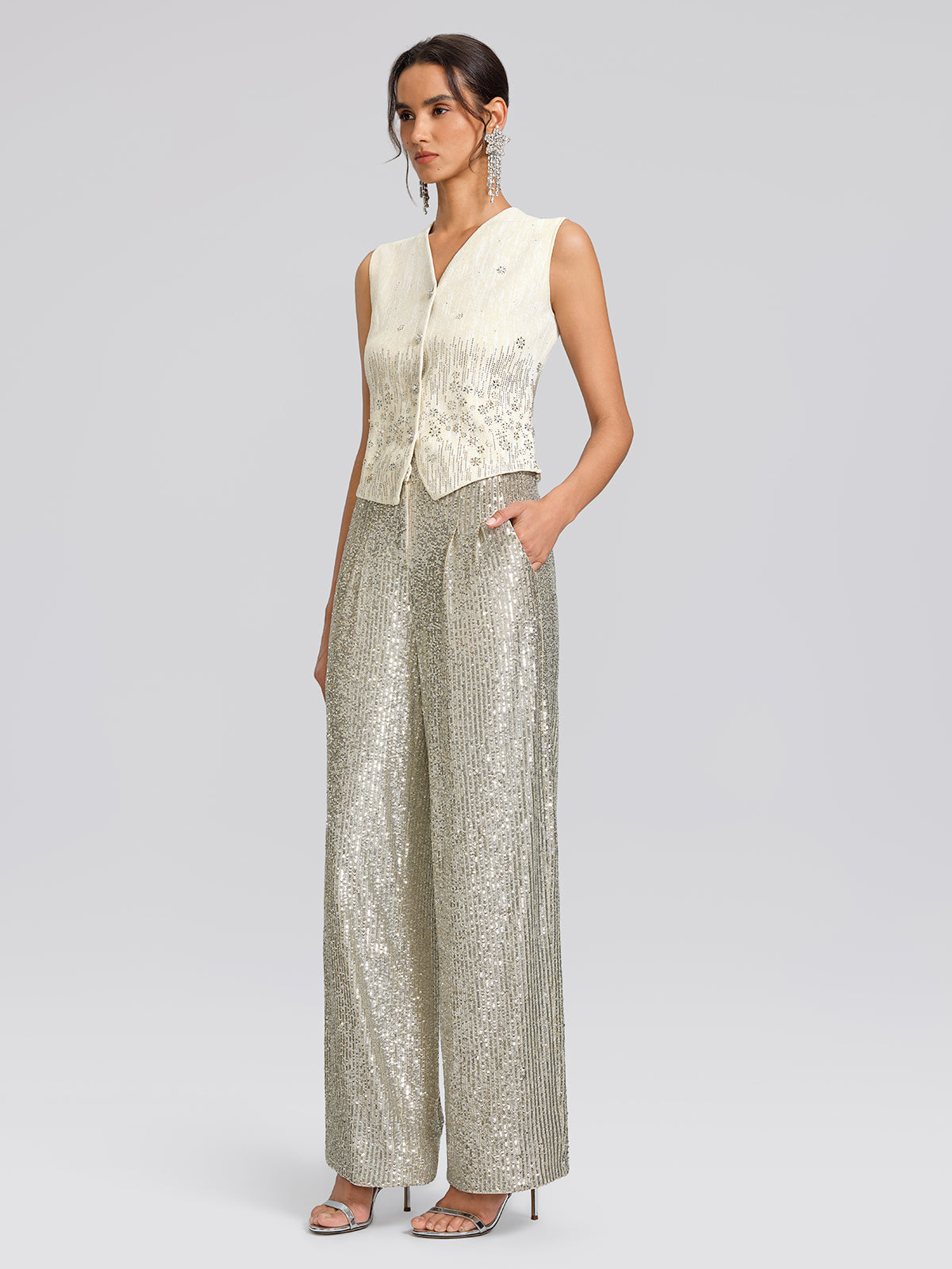 Rhinestone Fitted Pearl-Button Sleeveless Vest