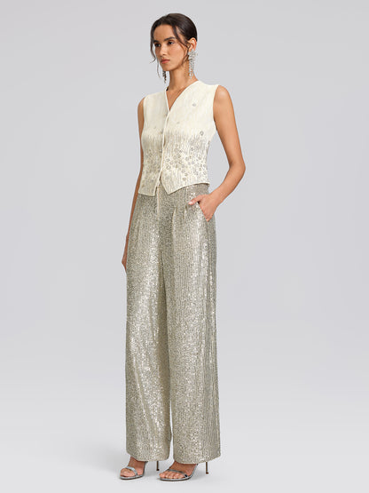 Rhinestone Fitted Pearl-Button Sleeveless Vest