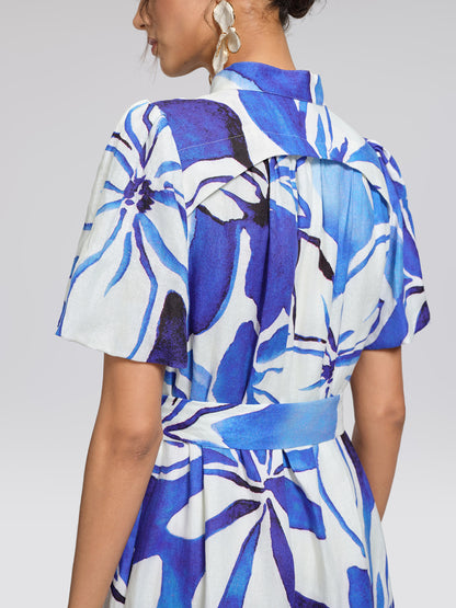 Hand-Drawn Resort Print Linen Dress (Waist Tie Included)