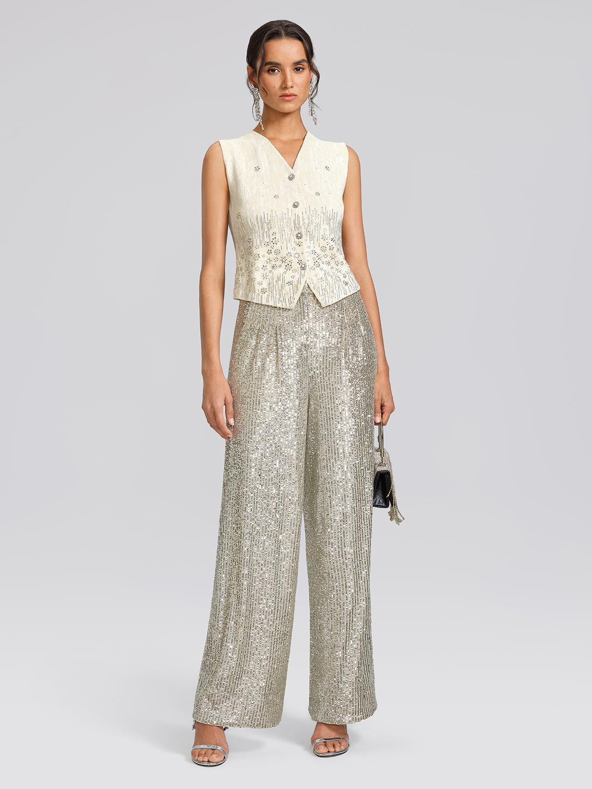 Rhinestone Fitted Pearl-Button Sleeveless Vest