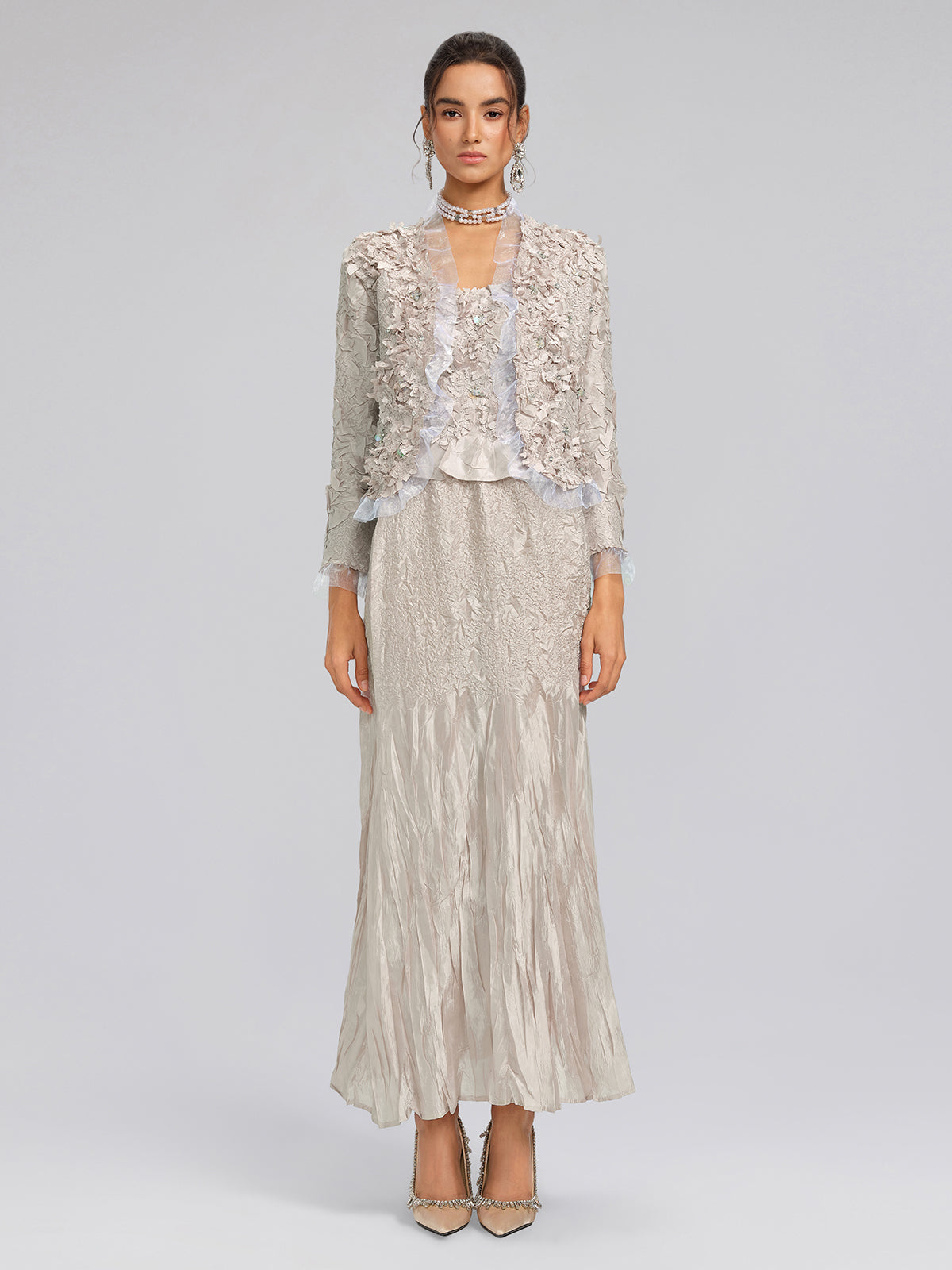 Final Sale | Champagne Pleated Texture Beaded Set