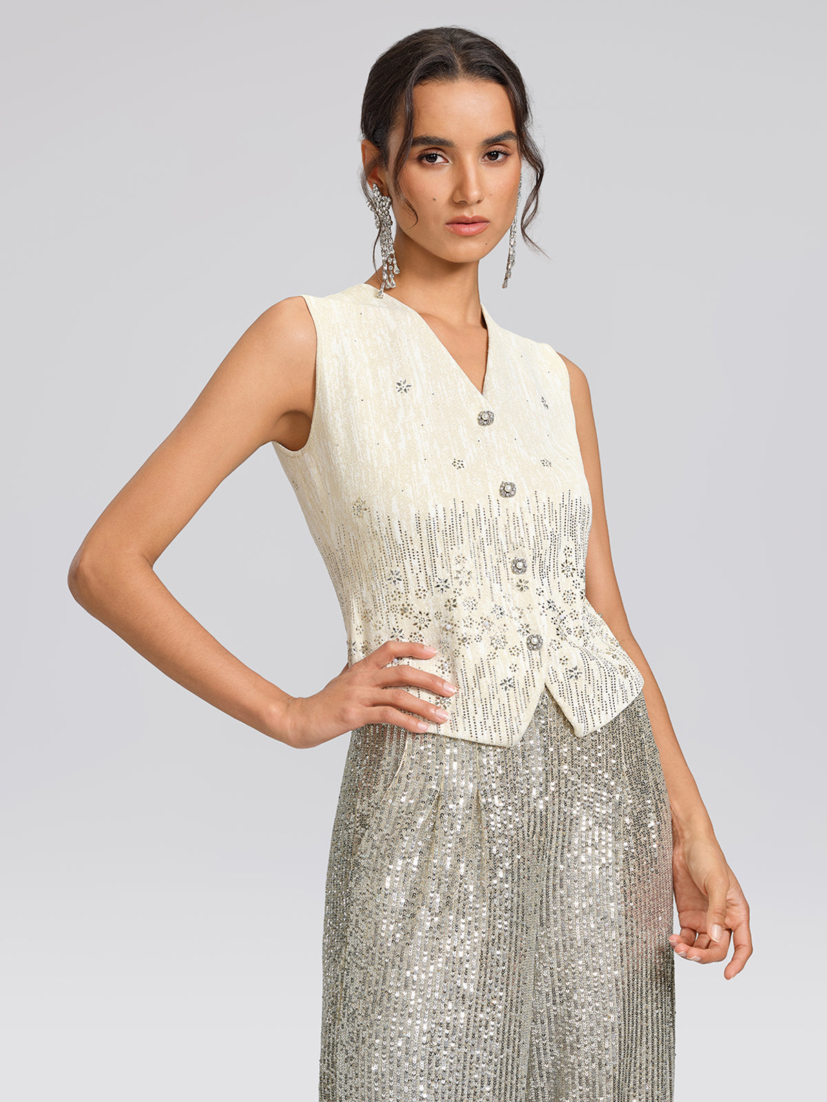Rhinestone Fitted Pearl-Button Sleeveless Vest