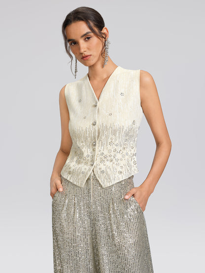 Rhinestone Fitted Pearl-Button Sleeveless Vest