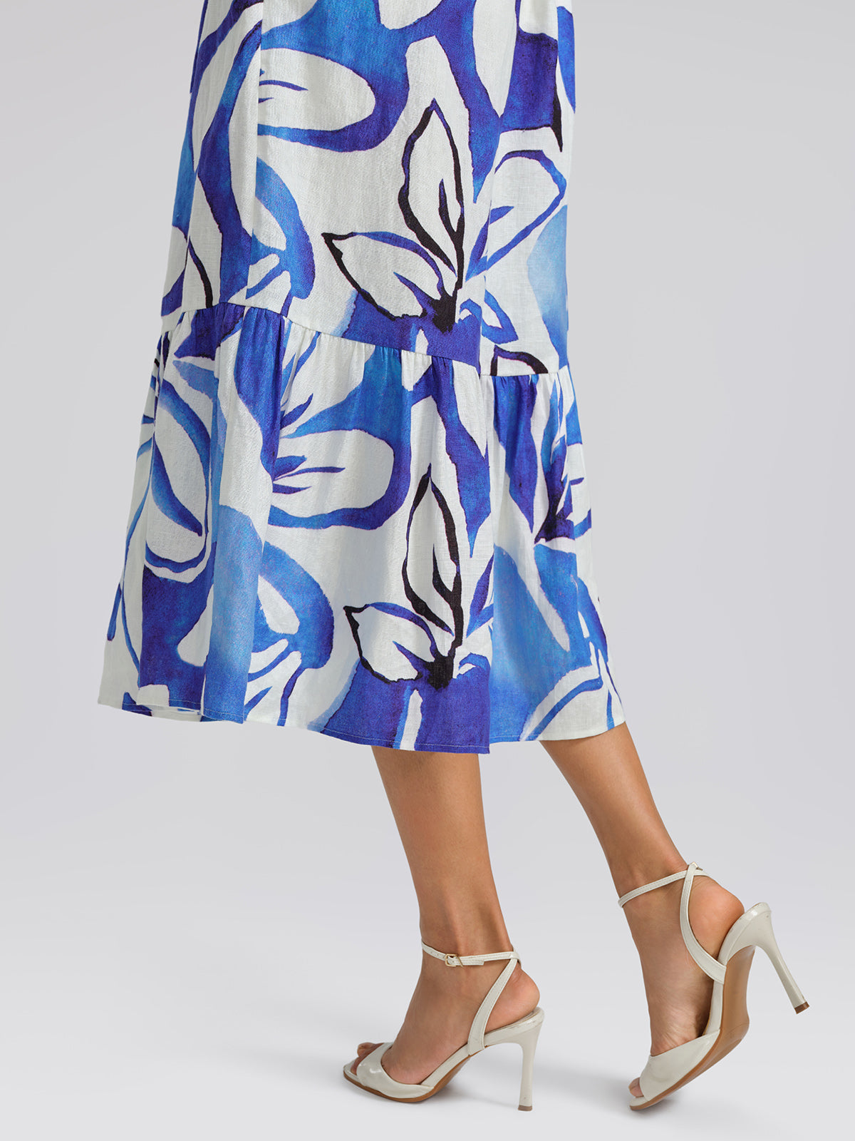Hand-Drawn Resort Print Linen Dress (Waist Tie Included)
