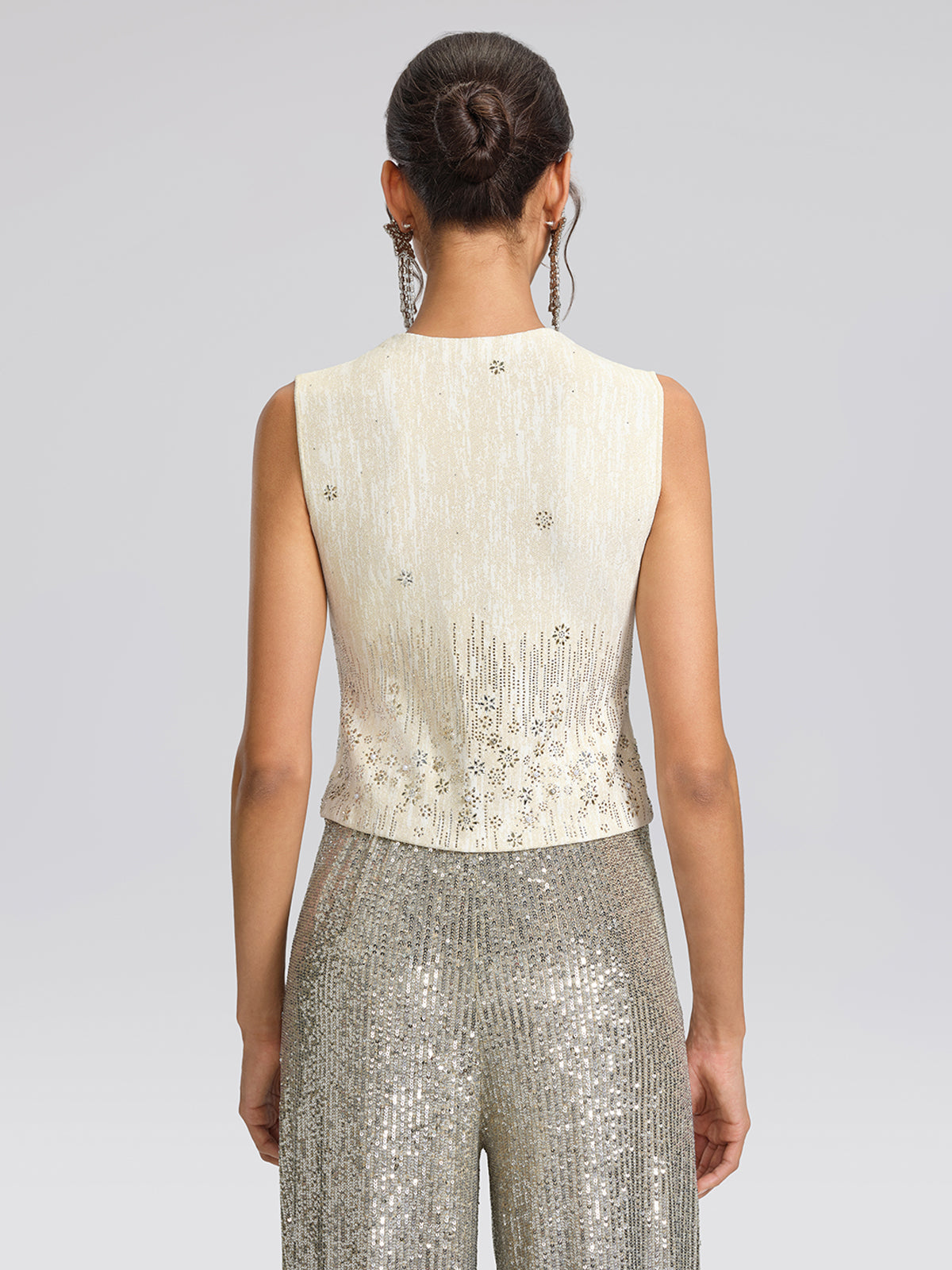 Rhinestone Fitted Pearl-Button Sleeveless Vest