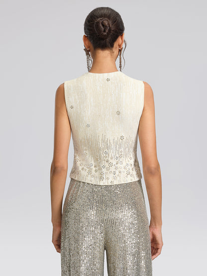 Rhinestone Fitted Pearl-Button Sleeveless Vest