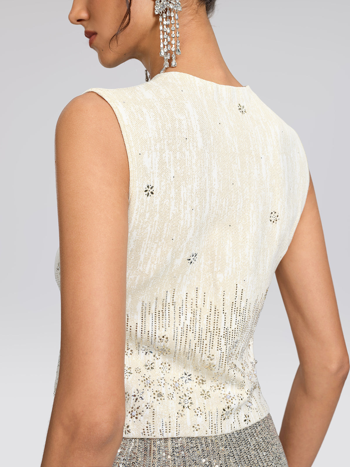 Rhinestone Fitted Pearl-Button Sleeveless Vest
