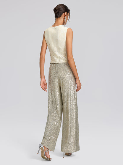 Rhinestone Fitted Pearl-Button Sleeveless Vest