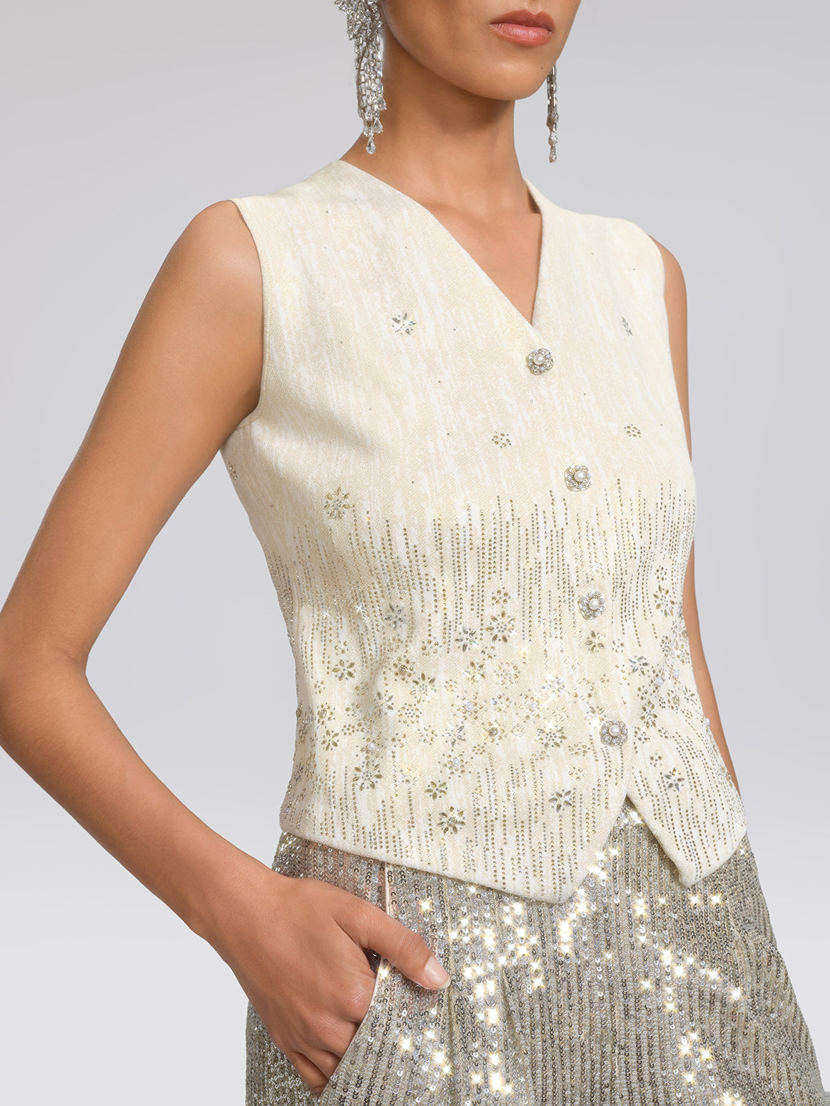 Rhinestone Fitted Pearl-Button Sleeveless Vest