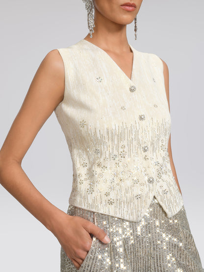 Rhinestone Fitted Pearl-Button Sleeveless Vest