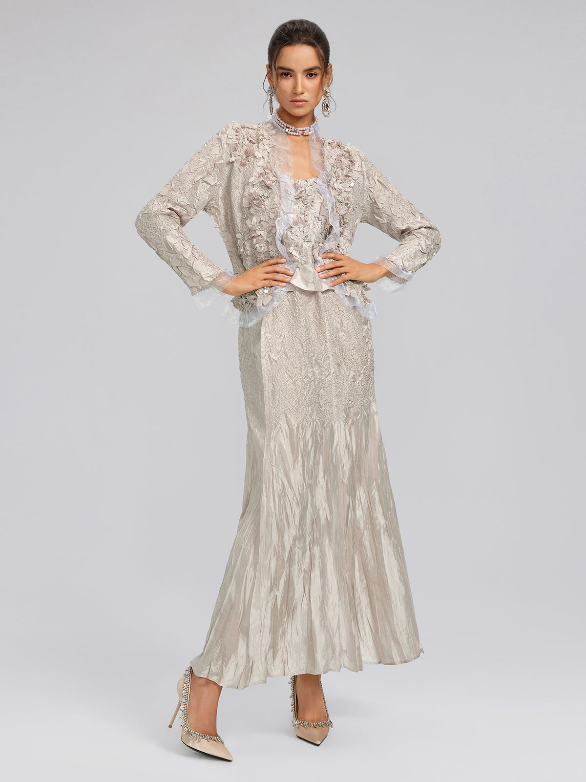Final Sale | Champagne Pleated Texture Beaded Set
