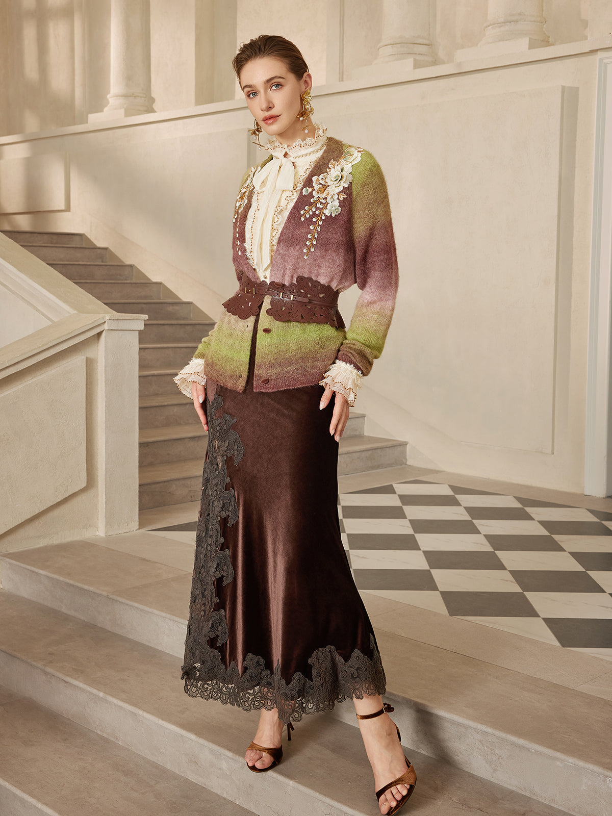 French Lace Velvet Skirt with Slit