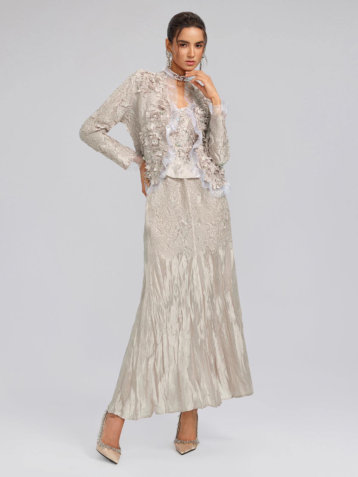 Final Sale | Champagne Pleated Texture Beaded Set