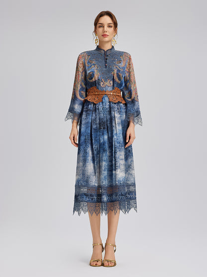 100% Silk Paisley Tie-Dye Stand Collar Blouse