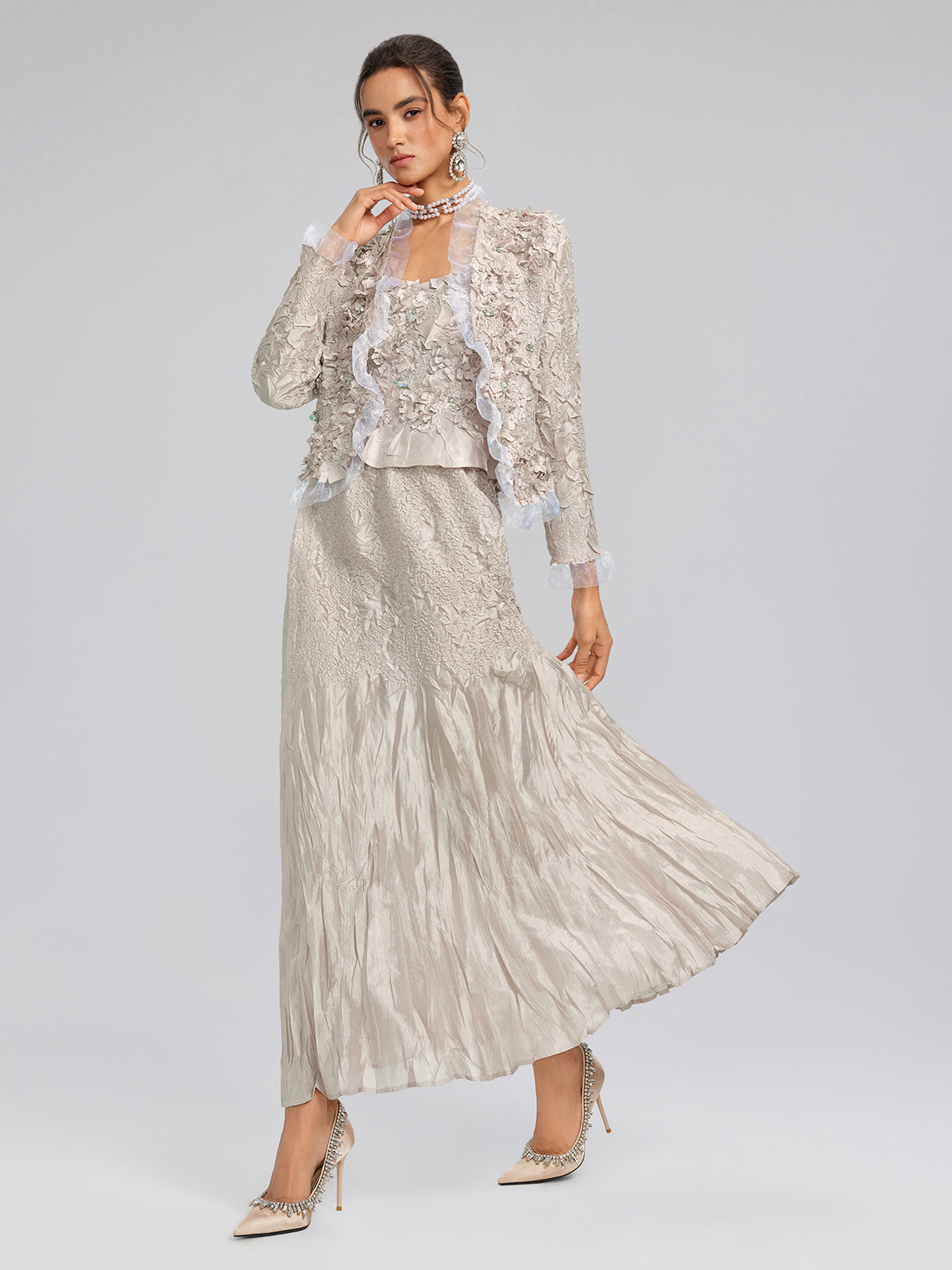 Final Sale | Champagne Pleated Texture Beaded Set