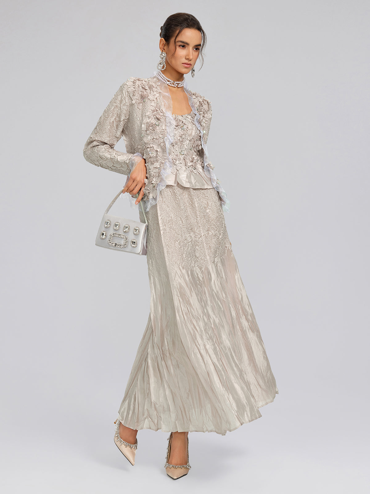 Final Sale | Champagne Pleated Texture Beaded Set