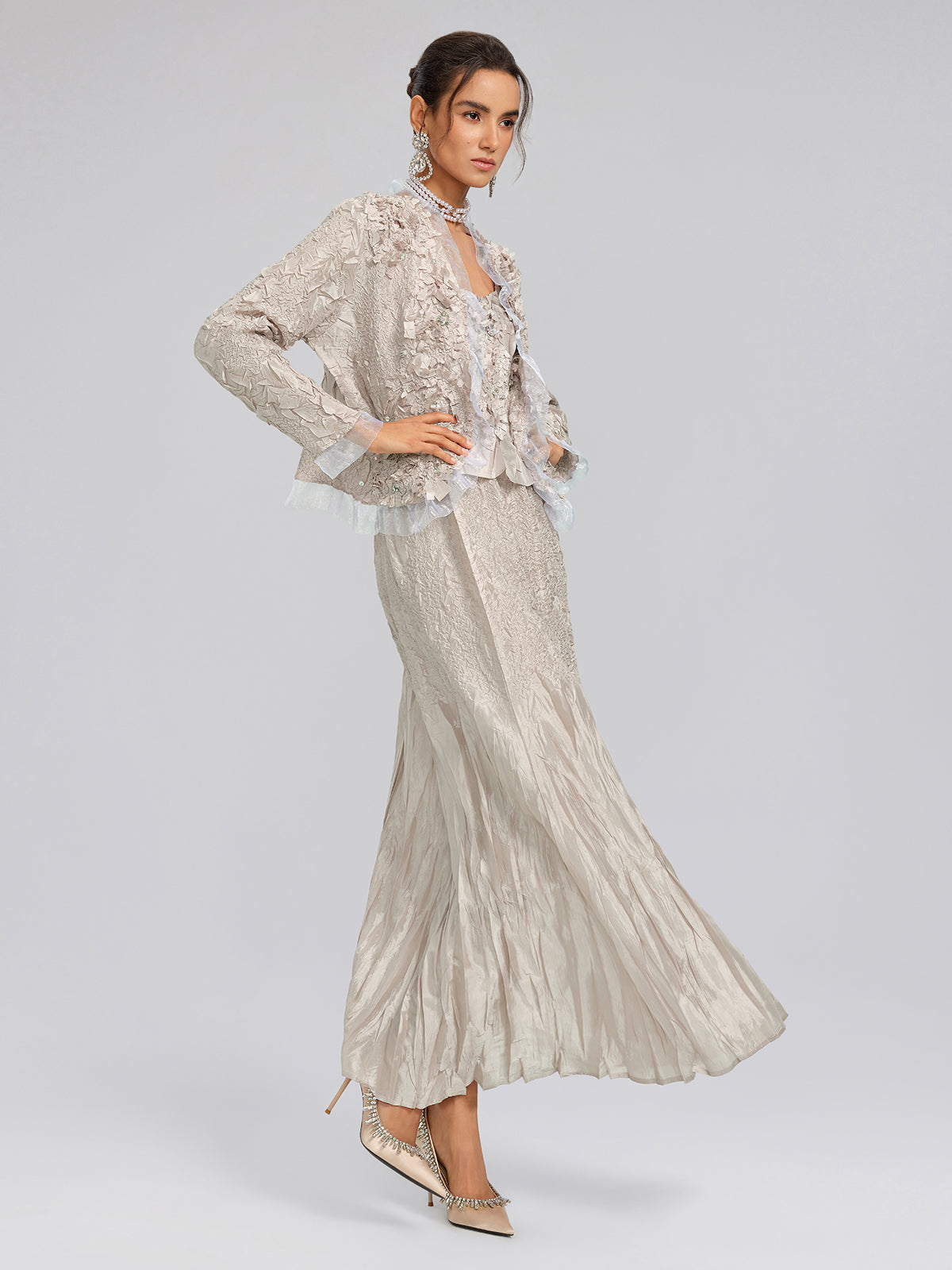 Final Sale | Champagne Pleated Texture Beaded Set