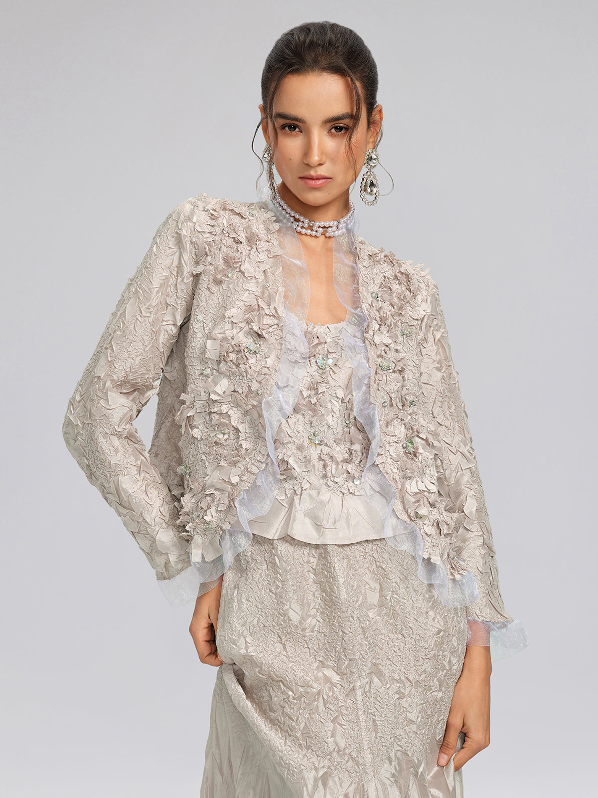 Final Sale | Champagne Pleated Texture Beaded Set