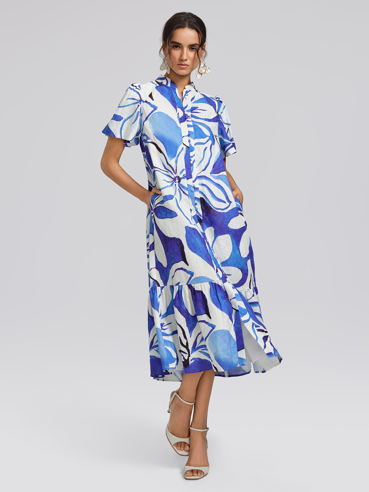 Hand-Drawn Resort Print Linen Dress (Waist Tie Included)