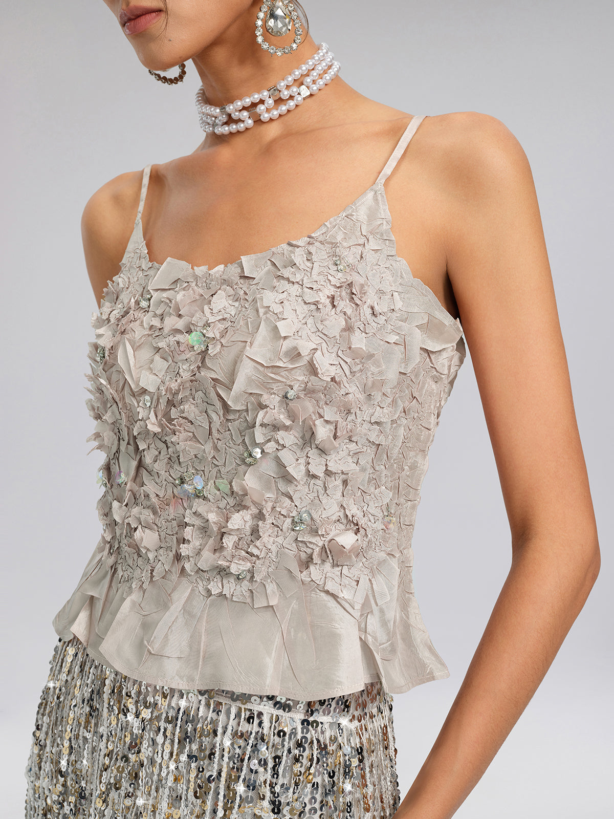 Final Sale | Champagne Pleated Texture Beaded Set
