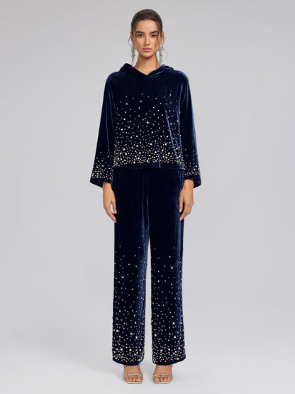 Silk Velvet Beaded Hooded Sweatshirt