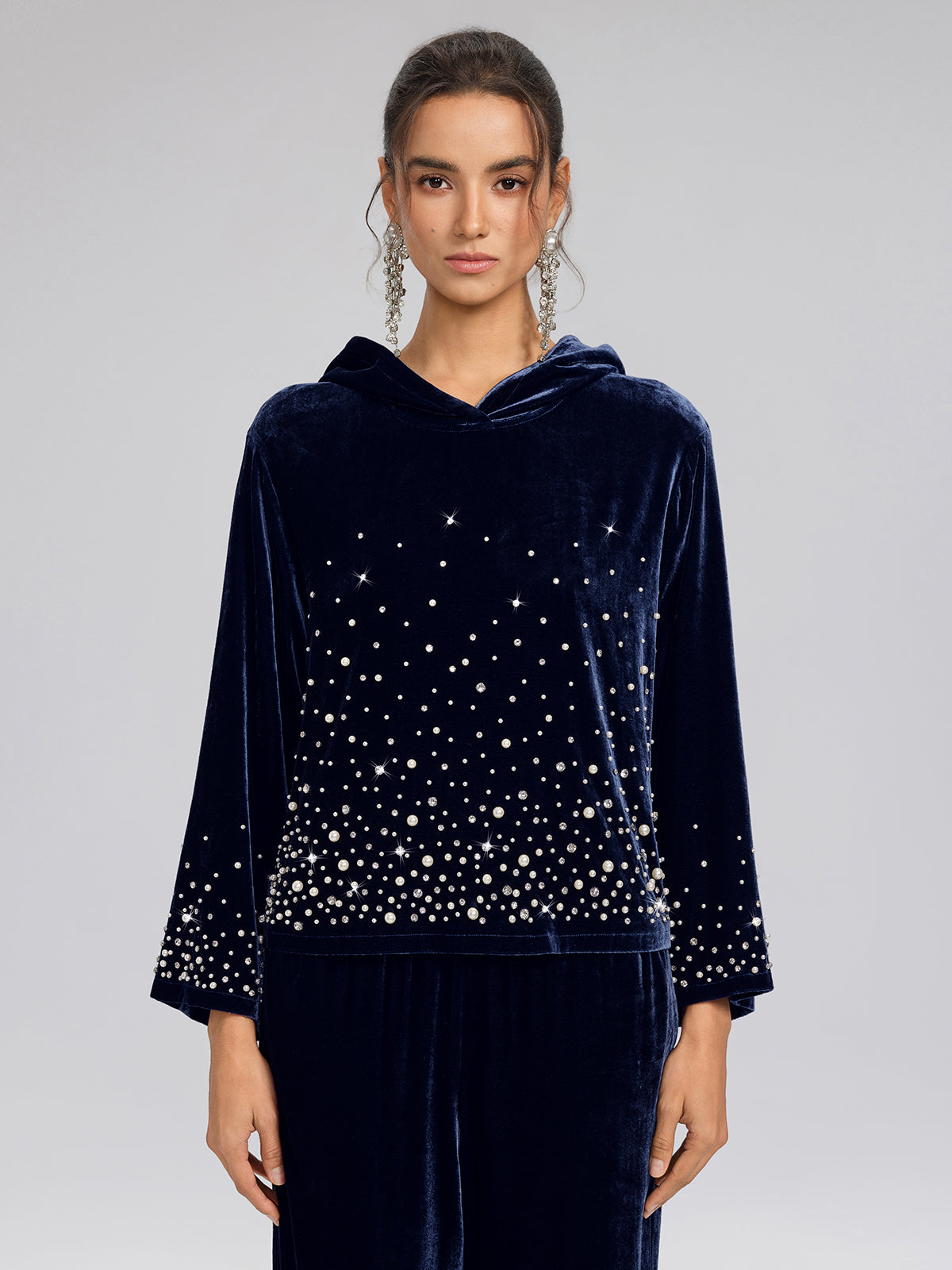 Silk Velvet Beaded Hooded Sweatshirt