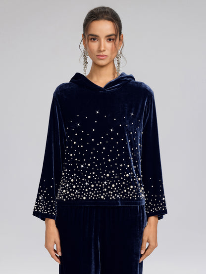 Silk Velvet Beaded Hooded Sweatshirt
