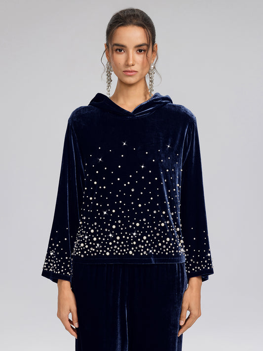 Silk Velvet Beaded Hooded Sweatshirt
